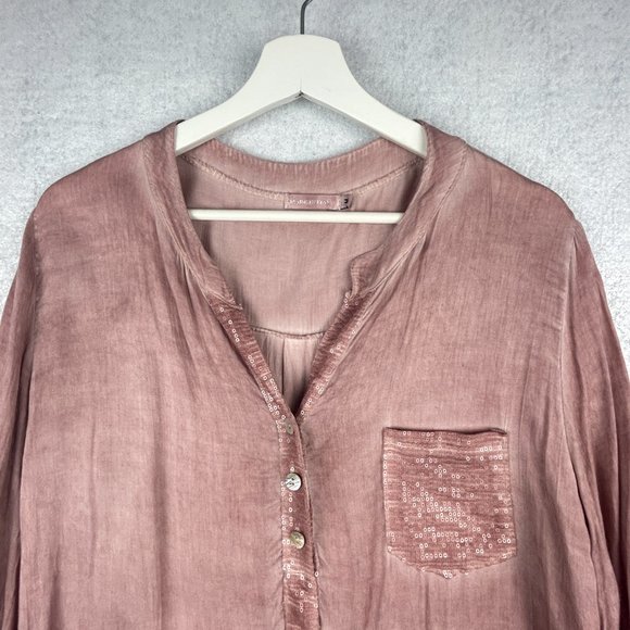 Hi-Lo Blouse Women Size Medium V-Neck Roll Up Sleeves Italy Flowy‎ Sequins Pink - Picture 6 of 16